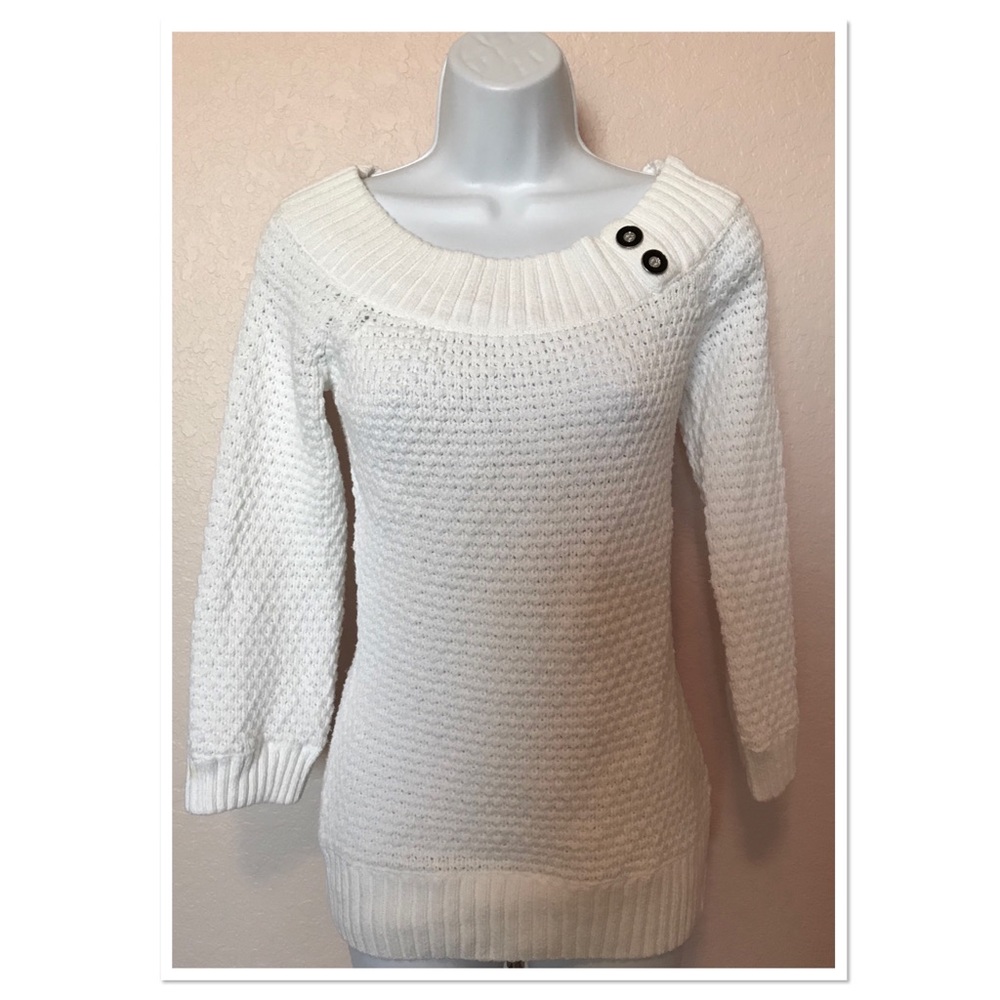 WHBM White Cable Knit Button Neck Sweater Small